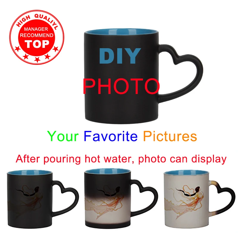Photography Trick - DIY photo ภายในสีฟ้าแก้วความร้อนเซรามิคแก้วสีเปลี่ยนแก้วกาแฟถ้วยนมของขวัญพิมพ์ภาพ