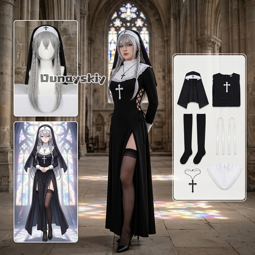 Photography Outfit - ชุดคอสเพลย์แม่ชี KS*06 ชุดบัสเทียร์ลูกไม้สีดำ พร้อมกระโปรงตาข่ายโปร่ง ผ่าขาสูง ชุดเซ็กซี่สำหรับงานปาร์ตี้