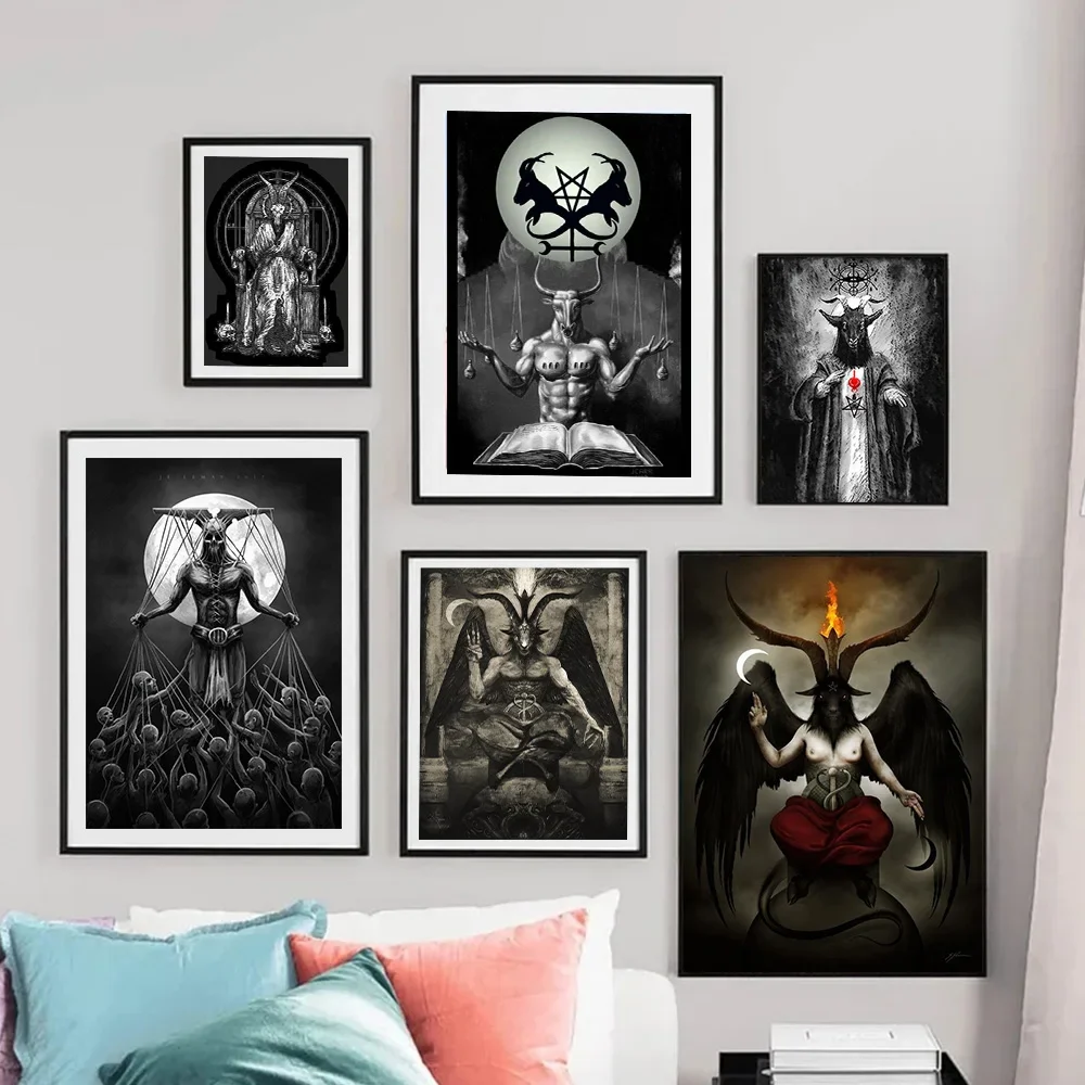 Photography Night - Dark Academia Art Baphomet แกะหัวปีศาจโปสเตอร์พิมพ์สําหรับตกแต่งบ้านคริสเตียนปีศาจซาตานภาพวาดผ้าใบ Wall