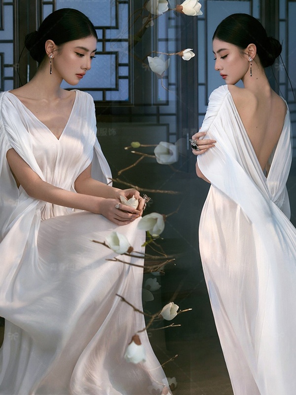 Photography Studio - ชุดเดรสจีนแบบเปิดหลังสุดชิค สำหรับถ่ายภาพในสตูดิโอ สไตล์เรียบหรู โทนสีเย็น คอลเลคชั่นใหม่ ฤดูใบไม้ร่วง