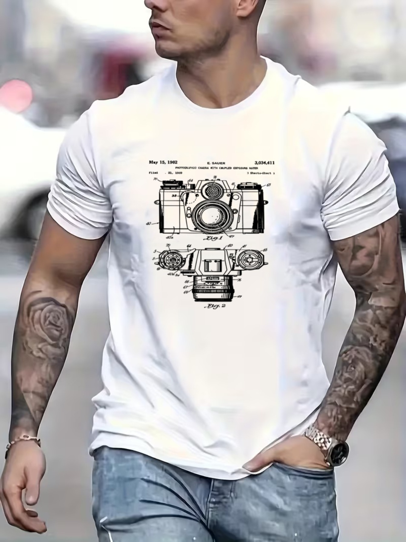 Photography Sim - เสื้อยืดพิมพ์ลายสำหรับผู้ชาย ลายพิมพ์แบบจำลองสิทธิบัตรกล้องถ่ายรูป สำหรับผู้ที่ชื่นชอบการถ่ายภาพโดยเฉพาะ สไตล์วินเทจอุตสาหกรรม ซิม