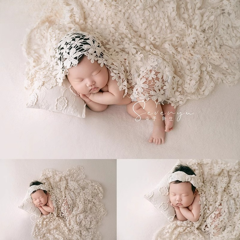 Photography Outfit - อุปกรณ์ประกอบฉากถ่ายภาพทารกแรกเกิดสำหรับเด็กผู้หญิง ฉากหลังสีขาว ที่คาดผมลายดอกไม้ ชุดผ้าห่มแบบโปร่ง ชุดหมอน สำหรับถ่ายภาพในสตูดิโอ